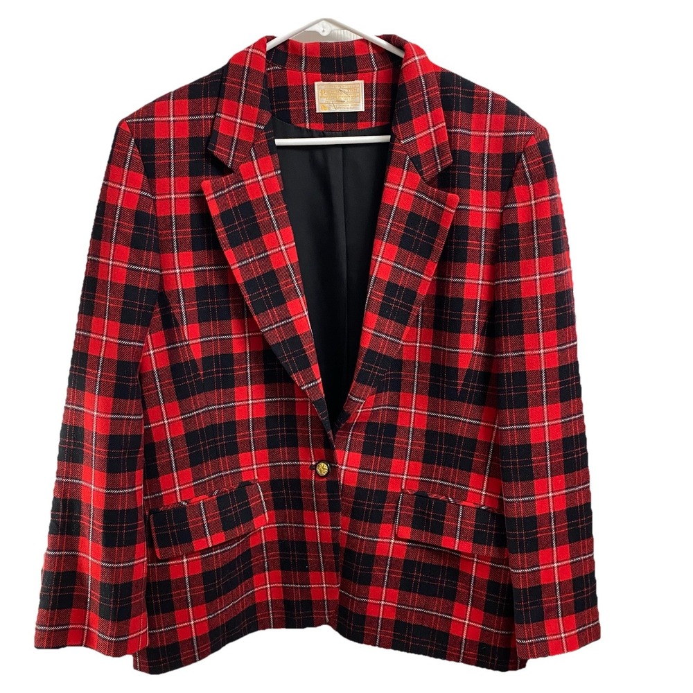 Pendleton Red Vintage Plaid Virgin Wool Women's Blazer Jacket 2 Button Sz.14 EUC